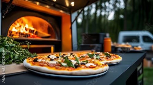 Food Truck concept, Wood-fired pizzas are freshly prepared in an outdoor kitchen setting.