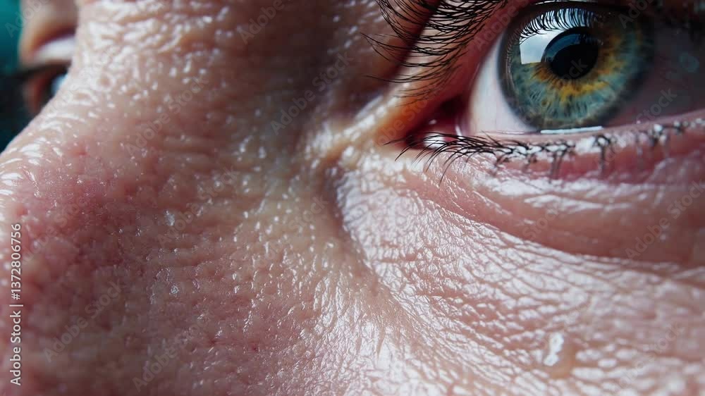 Intense close up revealing human emotional vulnerability, woman's tearful eye glistening with profound sorrow, capturing raw grief and deep inner pain
