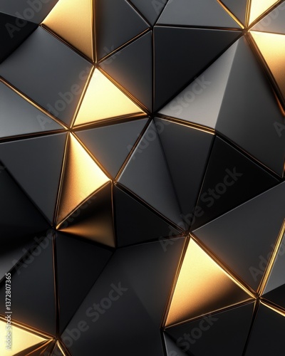 Abstract geometric background with black triangles and golden glowing edges for modern design