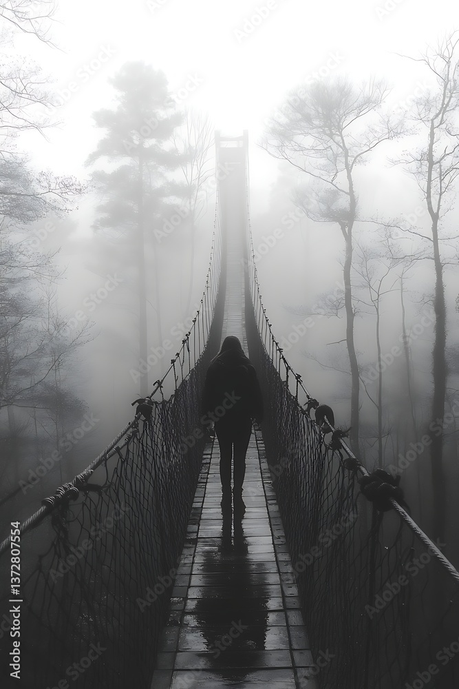 Fototapeta premium Foggy Bridge with Lone Figure Walking.