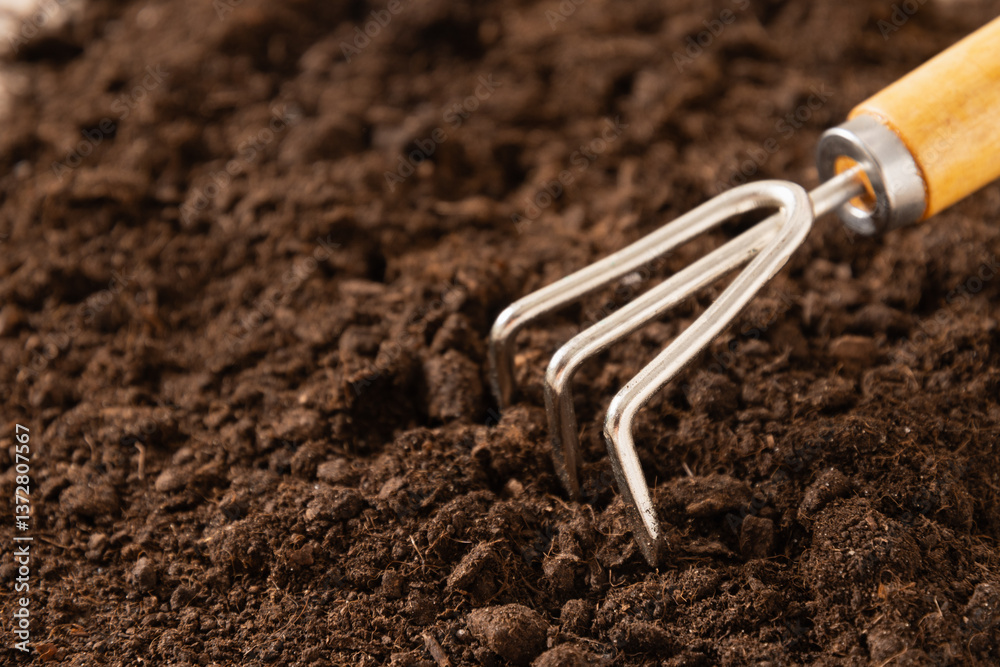 Garden hand cultivator on soil. Hand rakes. Hobby. Close up.