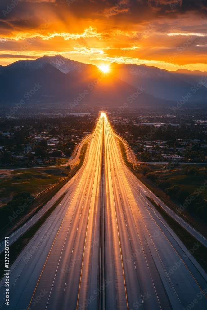 Fototapeta premium Majestic sunset over a sprawling highway, bathed in warm golden light. The scene is serene and inspiring, capturing the beauty of nature and human infrastructure.