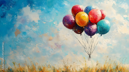 A bunch of colorful balloons are floating in a bright blue sky