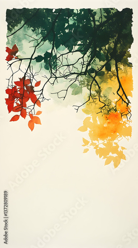 Branches painted in autumnal hues with red green and yellow foliage against a light background Artsy watercolor styl