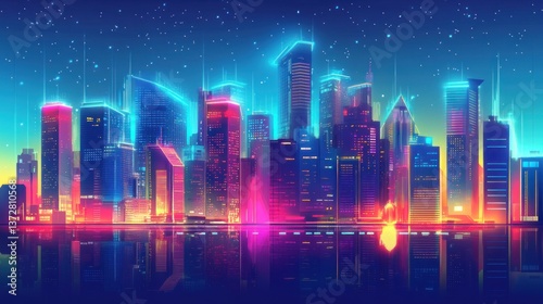 Futuristic Cityscape at Night with Neon Lights and Water Reflection photo