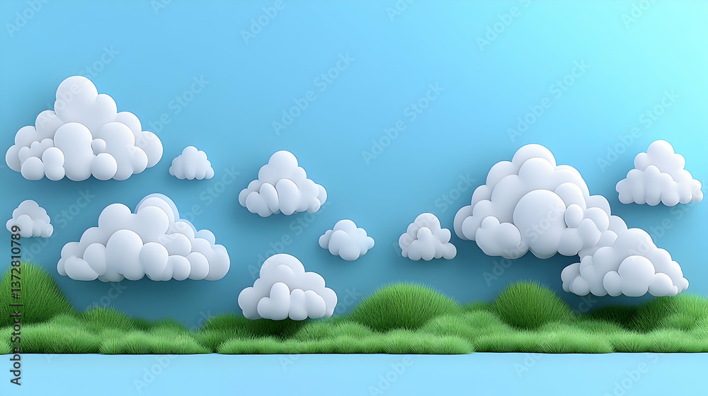 Fototapeta premium Cartoon landscape with puffy white clouds float in a light blue sky over green grass covered hills playful and serene d