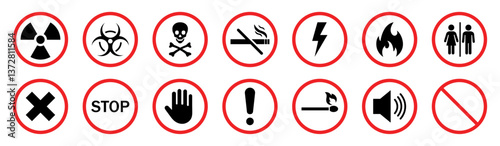 Warning and danger signs collection. Set of hazard warning signs symbols. Toxic biohazard waste forbid pictograph set isolated. Vector illustration.