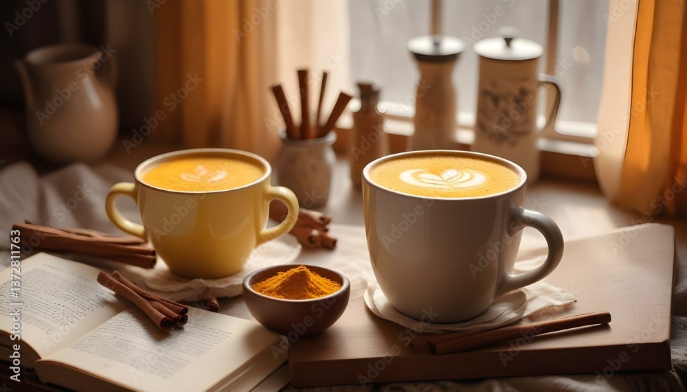 Cozy window scene with steaming turmeric lattes, open books & cinnamon sticks bathed in soft light. Perfect autumn relaxation with warm beverages, comfort & peaceful reading vibes Cozy window scene with steaming turmeric lattes, open books & cinnamon sticks bathed in soft light. Perfect autumn relaxation with warm beverages, comfort & peaceful reading vibes