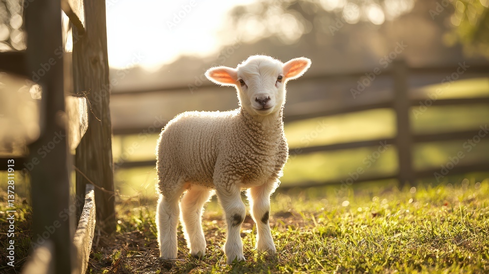 Fototapeta premium Innocence in nature a young lamb in a serene pastoral setting