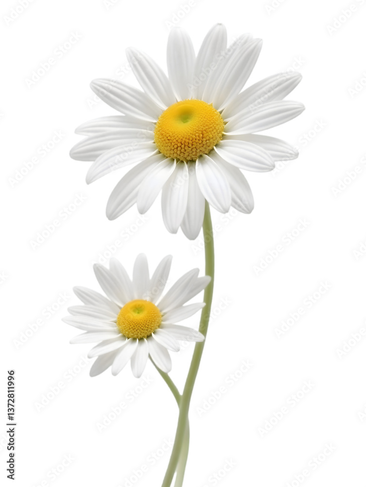 Obraz premium The pure white petals and the bright yellow centers of the daisies create a sense of freshness and innocence. The close-up perspective and the natural light evoke a feeling of peace and tranquility,