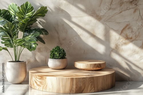 Serene indoor scene featuring a wooden display platform with potted plants against a textured wall bathed in natural light creating a peaceful and inviting atmosphere