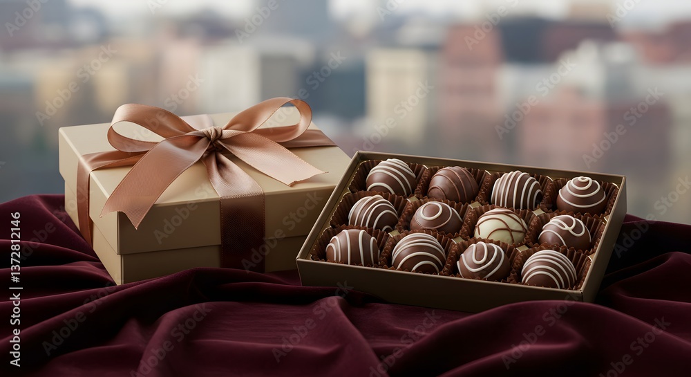 Obraz premium A box of handmade chocolate truffles tied with a satin ribbon.