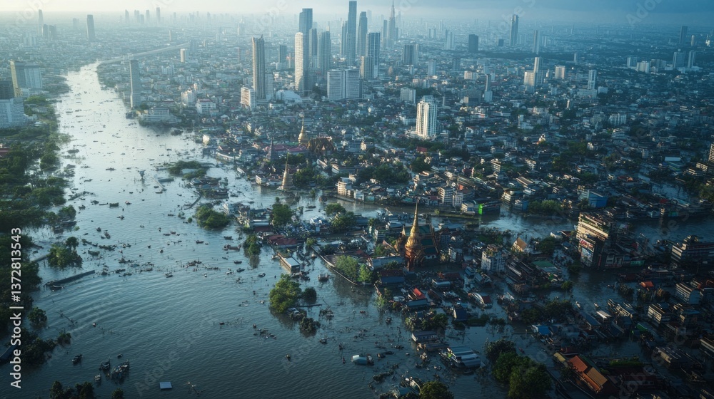 Fototapeta premium Severe flooding event in urban landscape cityscape aerial view environmental crisis dystopian atmosphere