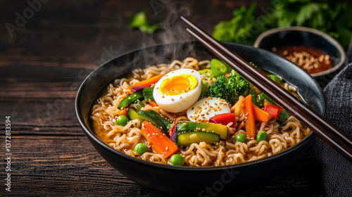 Delicious ramen bowl with vegetable toppings and a soft boiled egg on a wooden table.