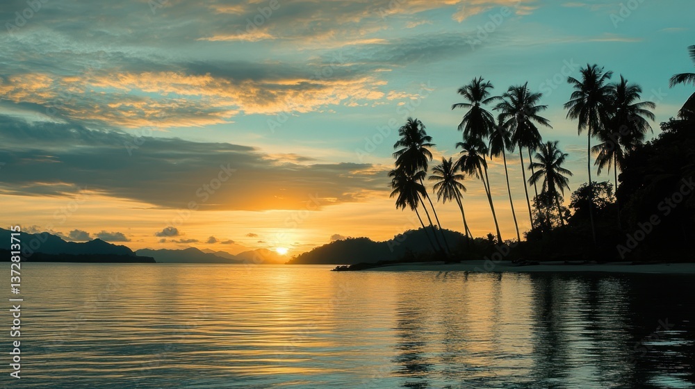 Fototapeta premium Palm Trees Silhouette at Sunset Over Calm Sea with Golden Reflections