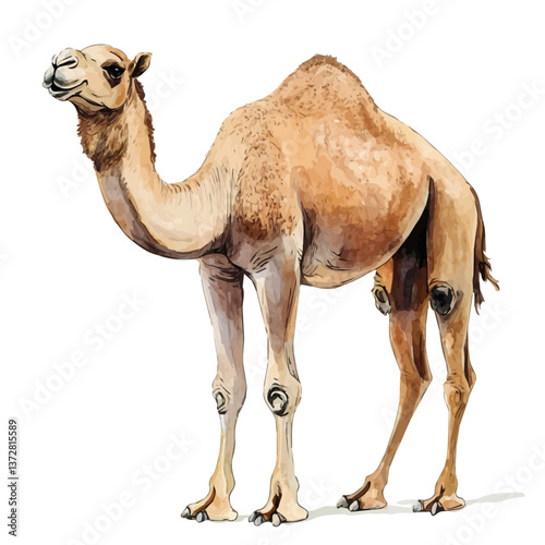 A watercolor vector of a dromedary camel, isolated on a white background. Dromedary camel vector.

