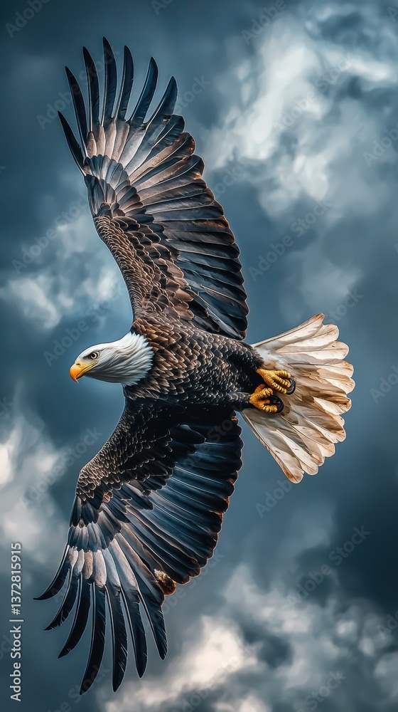 Obraz premium Bald eagle soars with american flag against cloudy sky