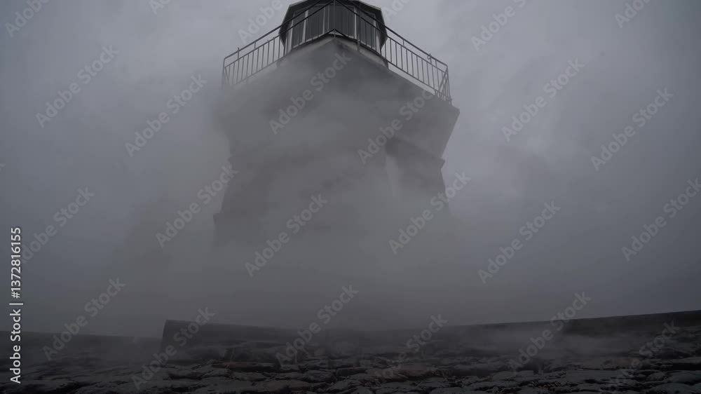 Stone lighthouse standing engulfed by thick rolling fog, generating mysterious maritime atmosphere with dramatic seascape and moody visual tension