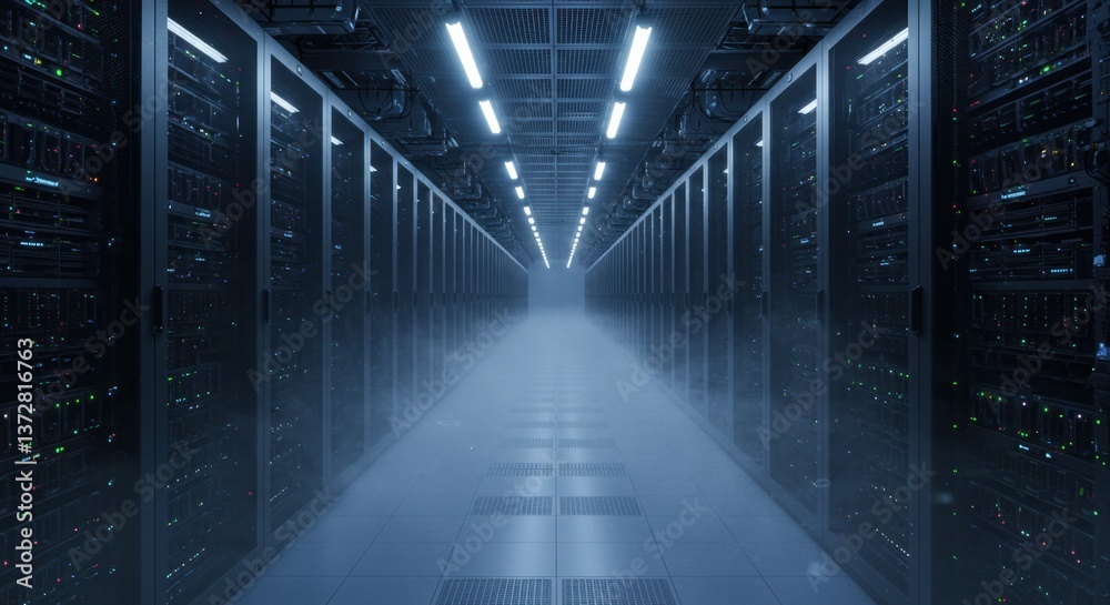 Symmetrical data center corridors with endless server racks and cooling mist. Symmetrical data center corridors with endless server racks and cooling mist.