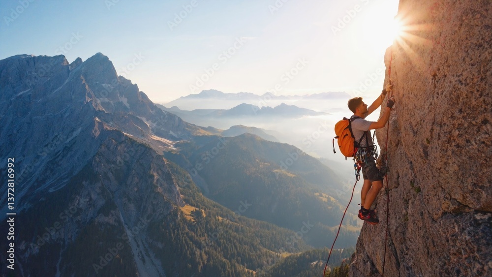 Obraz premium A person climbs up the rocky side of a mountain
