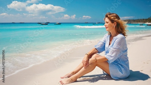 A woman sits alone on a beach next to the ocean, enjoying the scenery