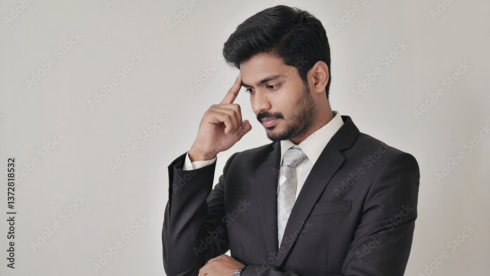 A man in a suit holds his finger to his forehead, expressing thought or frustration A man in a suit holds his finger to his forehead, expressing thought or frustration