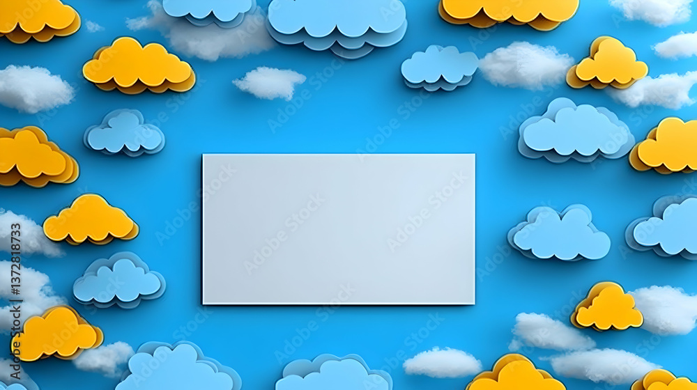 Cheerful cartoon sky with blue and yellow puffy clouds surrounding a rectangular blank space for text or images Cheerful cartoon sky with blue and yellow puffy clouds surrounding a rectangular blank space for text or images