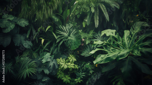 A lush green jungle with many plants and trees
