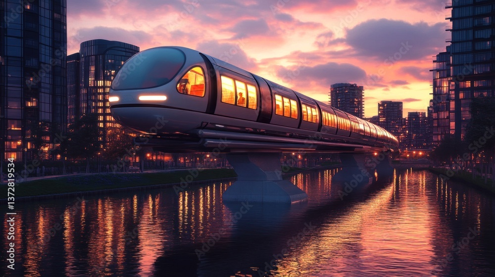 Fototapeta premium Modern Elevated Train Over Water Canal in City at Sunset