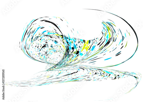 Strokes and splashes in different directions of multi-colored paint on a white background. Multi-colored dust particles and debris, paint splashes, strokes are carried away by the wind. Graffiti eleme