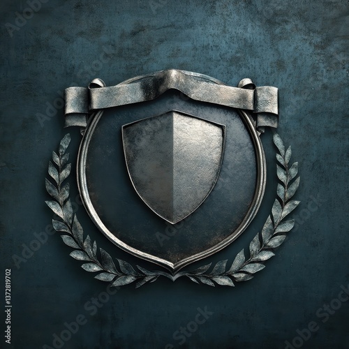 Elegant silver shield emblem with laurel leaves and ribbon banner on textured dark blue background