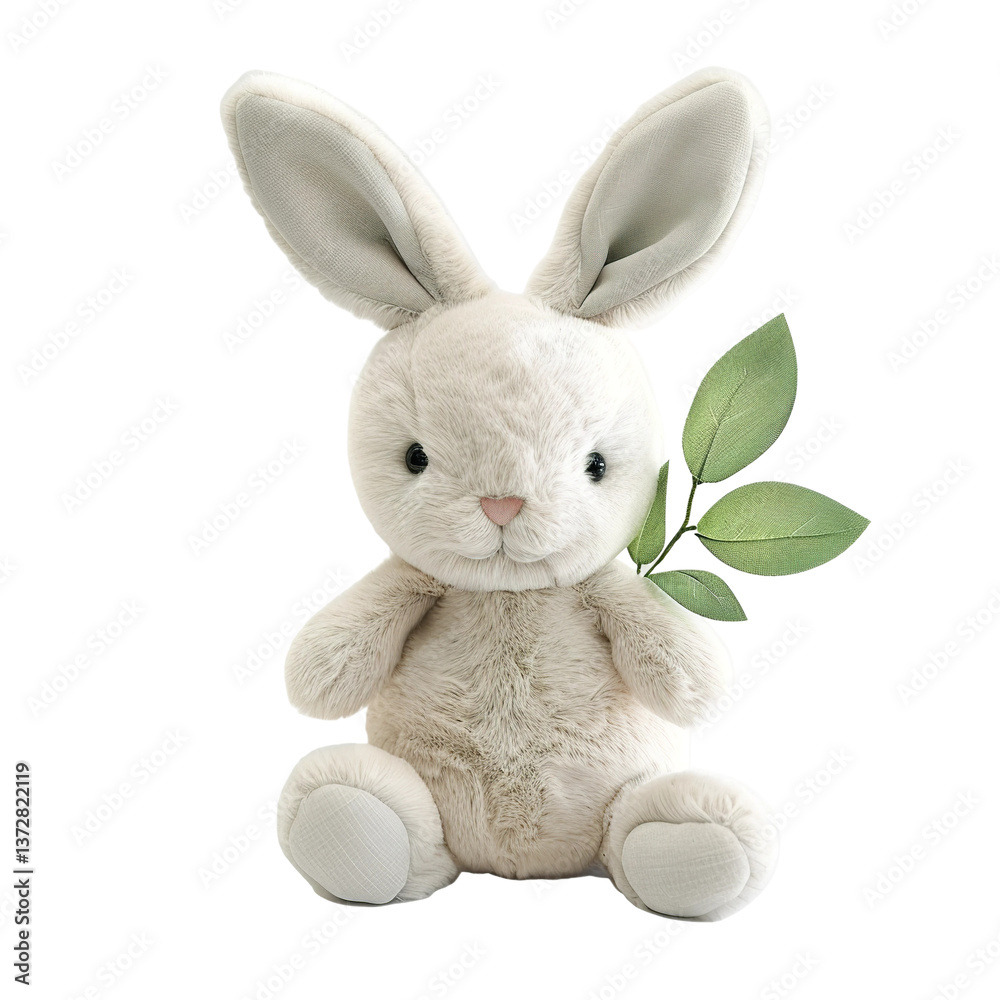 Obraz premium White plush bunny toy with green leaf detail – soft Easter decoration on a transparent background