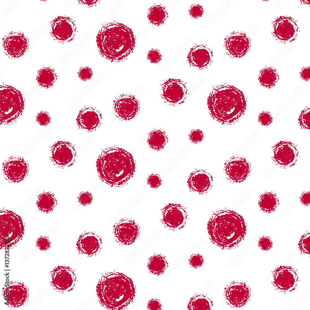 Abstract geometric seamless pattern with grunge red dots and circles. Brush drawn bold circles seamless banner design. Vector grunge polka dots on transparent background. 