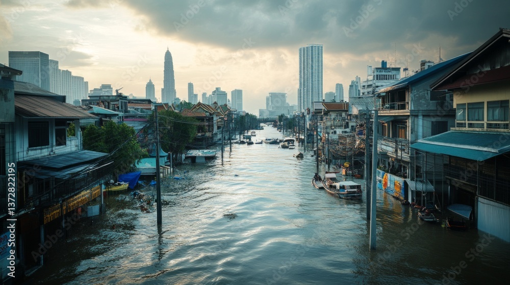 Obraz premium Devastating flooding event in urban landscape cityscape aerial view climate impact