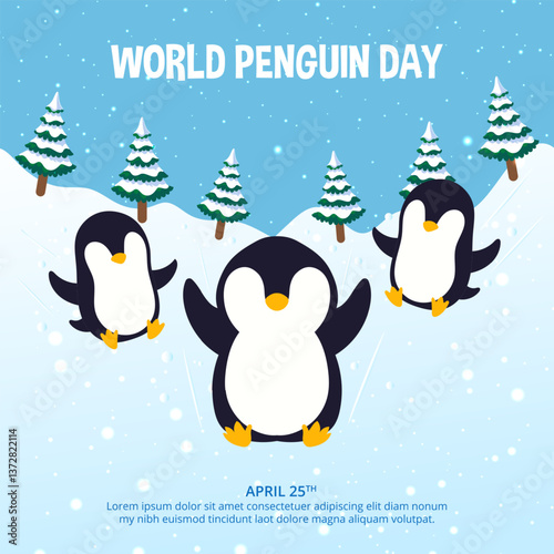World Penguin Day design with penguins ice sliding on snow