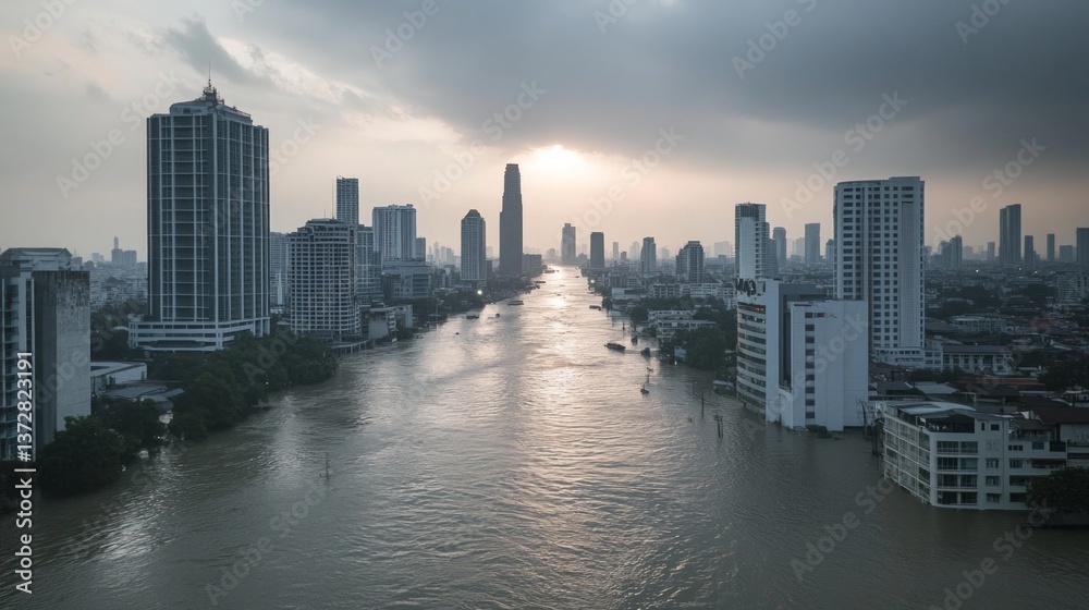 Severe flooding event in bangkok urban landscape aerial view climate impact evening atmosphere Severe flooding event in bangkok urban landscape aerial view climate impact evening atmosphere
