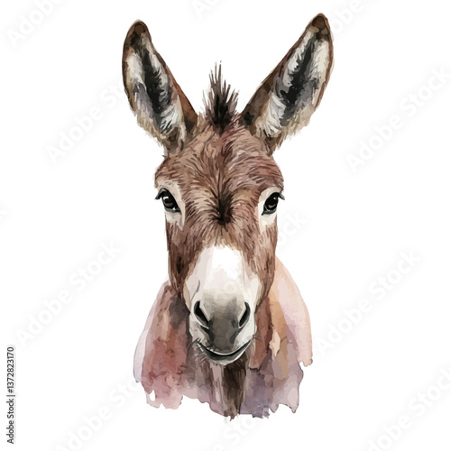 A watercolor vector of a donkey, isolated on a white background. Donkey vector.

