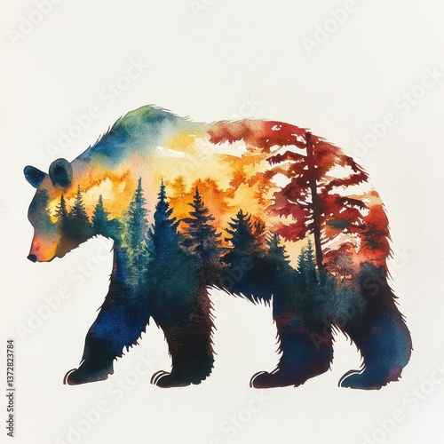 Watercolor illustration of a bear walking, with a detailed forest landscape featuring pine trees and a vibrant sunset or sunrise sky painted inside its silhouette.