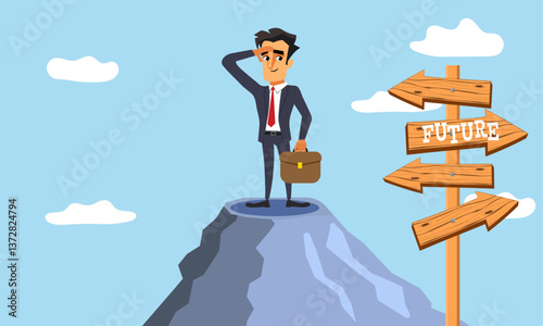 Successful businessman looks towards the future, professional person with a high vantage point  looking to what lies ahead
