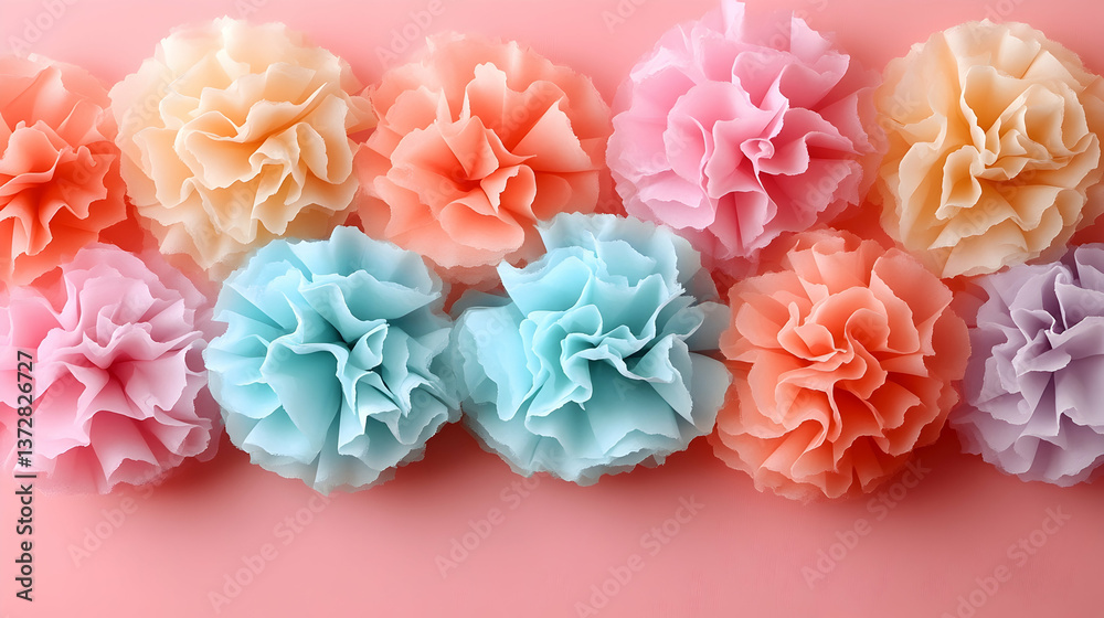 Collection of soft pastel colored tissue paper flower pom poms arranged on a pink background for a celebratory and fest Collection of soft pastel colored tissue paper flower pom poms arranged on a pink background for a celebratory and fest