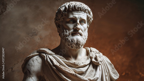 Serene and wise ancient Greek statue with intricate marble details and expressive eyes