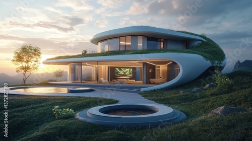 Wallpaper Mural Futuristic Modern House Exterior with Green Roof and Infinity Pools at Sunset Torontodigital.ca