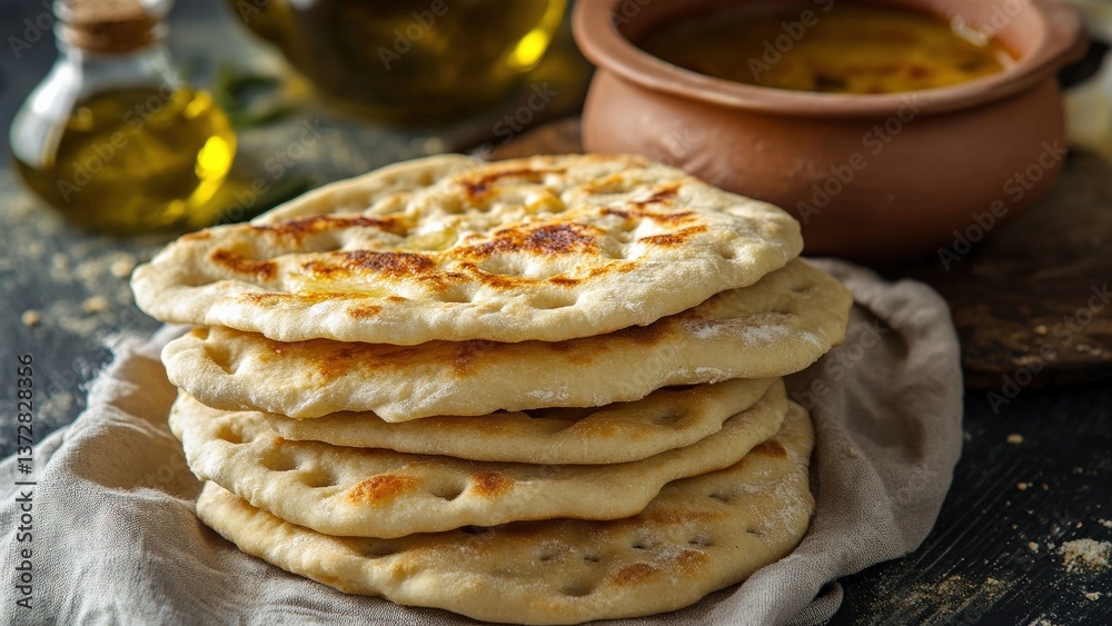 Delicious Flatbreads Served with Olive Oil and Soup Delicious Flatbreads Served with Olive Oil and Soup