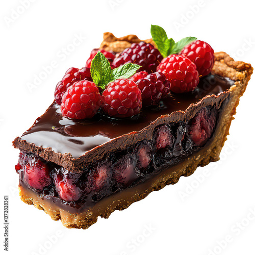 A Slice of Rich Chocolate Tart with Berries Symbolizing Decadence Isolated on Transparent Background, Ideal for Luxurious Desserts