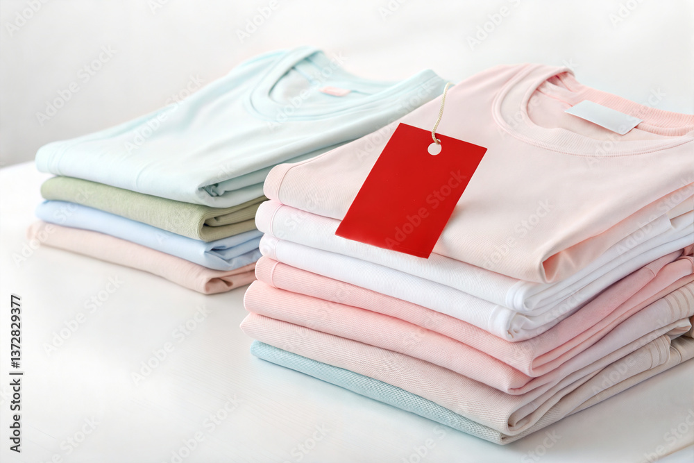 Folded T-Shirts in Colorful and Neutral Palettes with Blank Tags for Sale Promotion
Folded T-Shirts in Colorful and Neutral Palettes with Blank Tags for Sale Promotion