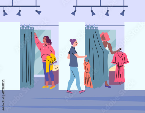 Cartoon Color Characters Girls and Fashion Fitting Room Concept. Vector illustration