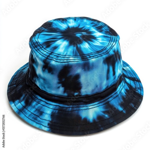 Isolated blue and black tie-dye bucket hat with a visible brim, presented on a clean white background.