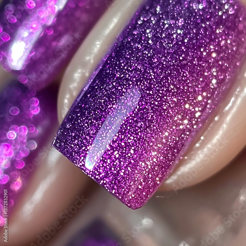 A hand with purple nail polish and glitter