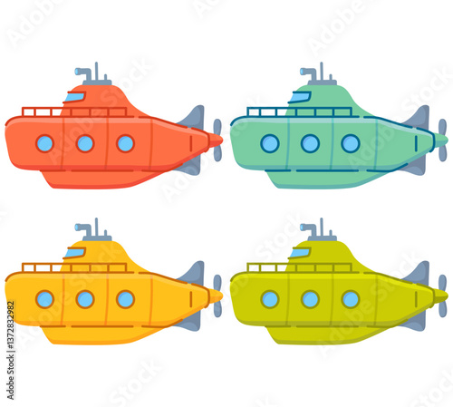 Submarine in underwater cartoon.Underwater boat.Yellow submarine.Bathyscaphe underwater ship.Submarine with a periscope.Vector flat illustration.A toy boat.A toy submarine.