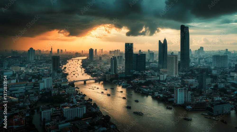 Fototapeta premium Dramatic stormy sunset over city skyline bangkok aerial view urban landscape nature's fury
